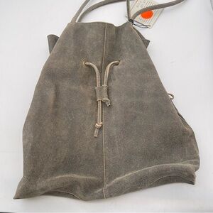 Hobo International Vintage Gray Suede Leather Shoulder Drawstring Bag Purse New